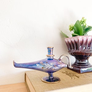 Vintage Blue Egyptian Glass Genie Lamp Perfume Bottle Eclectic Decor, Tiny Vase image 2