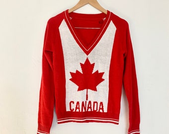 Vintage Canada Collegiate Style Knit Sweater – Retro V Neck Sweater, Canadian Maple Leaf, Red and White