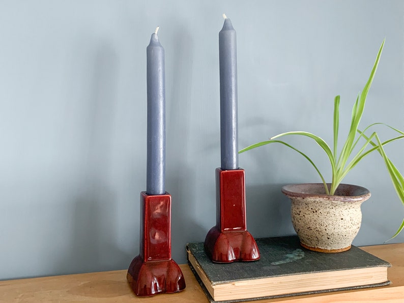 Pair Maroon Ceramic Candlestick Holders Vintage Candle Holders, Matching Candleholders image 8