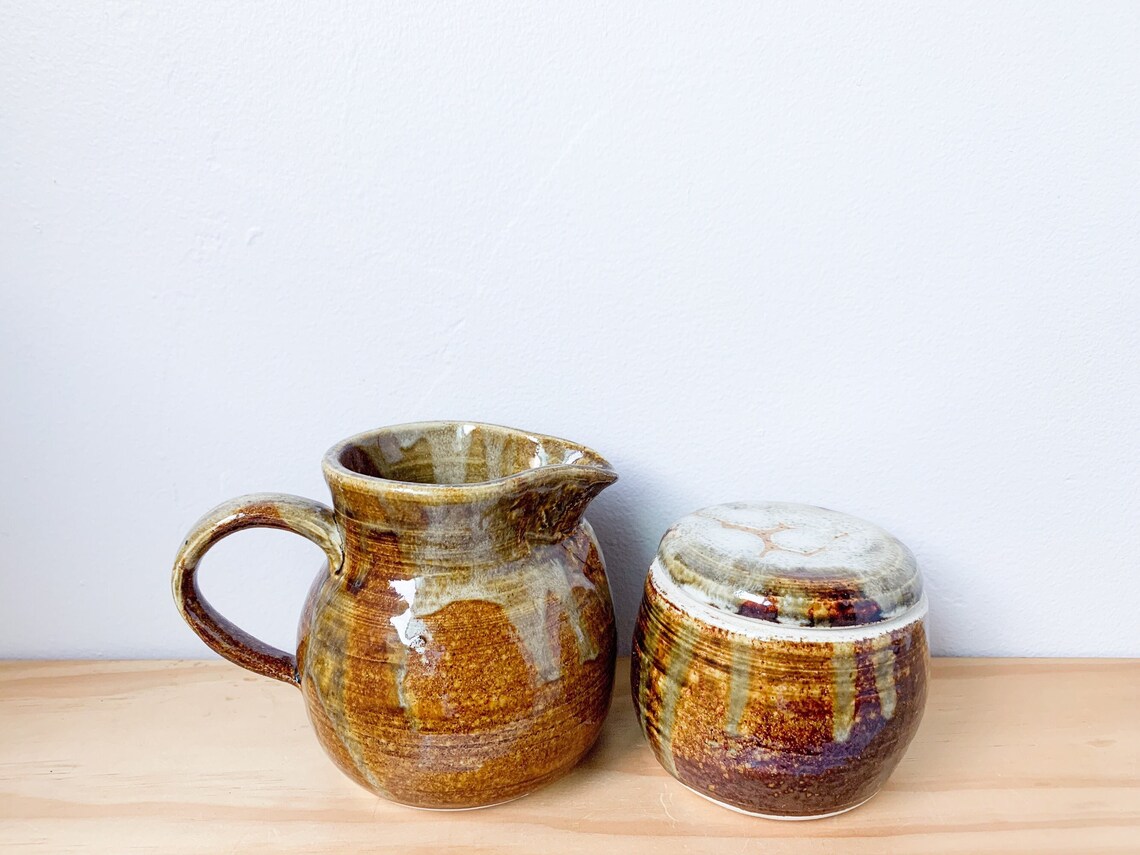 Vintage Stoneware Creamer and Sugar Pot Set – Hand-thrown Brown Drip ...
