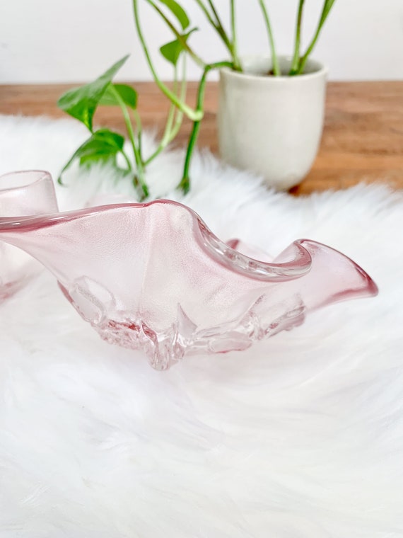 Vintage Pink Glass Candy Dish – Pastel Serving Bowl, Two  Elegant Pink Blown Glass Ruffled Dish Vase Tulip Flower Shaped Candy Bowl Dish main image 0