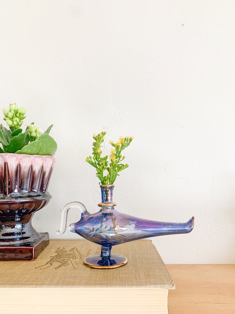 Vintage Blue Egyptian Glass Genie Lamp Perfume Bottle Eclectic Decor, Tiny Vase image 3