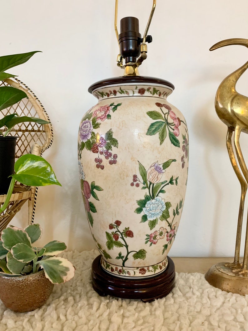 Vintage Floral Ceramic Lamp With Wood Detail Asian Lamp Etsy