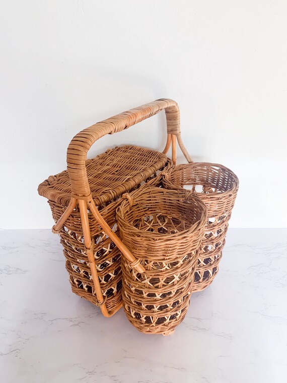 Vintage Rattan Wine Caddy Picnic Basket – Boho Wi… - image 5