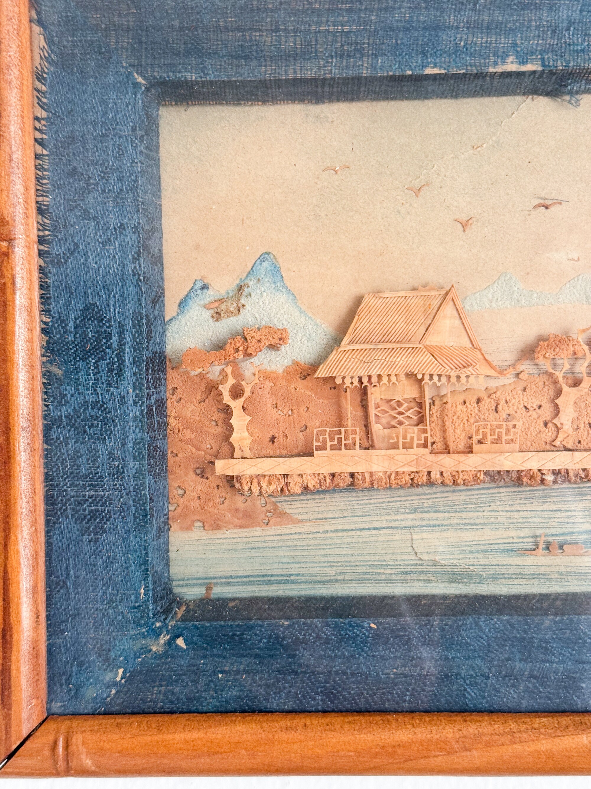 ヴィンテージ風額装アジア風コルク風景画（竹製フレーム入り）｜アジア