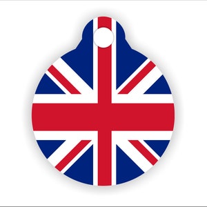 Op de afbeelding: Een ronde sleutelhanger met het ontwerp van de Union Jack-vlag in rood, wit en blauw.