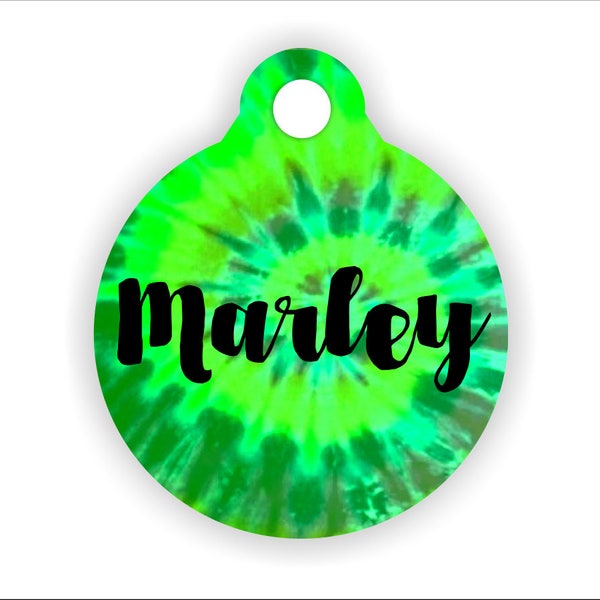 Green Tie Dye Bag Tag, Custom Pet ID Tag, Shade of Green and Lime, Swirl Custom Name, Tie, Unique Name Pet Tag, Customizable Collar Badge