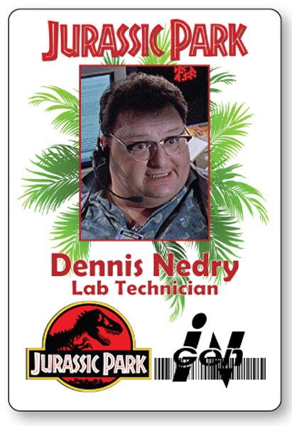 DENNIS NEDRY LAB Tech de Jurassic Park Name Badge con pin DENNIS NEDRY LAB Tech de Jurassic Park Name Badge con pin