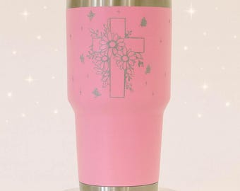 Faith Tumbler Engraved Christian Gift Floral Cross Cup Inspirational Drinkware Scripture Quote Tumbler 40oz