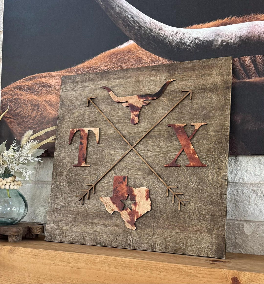Texas Wall Art Rustic Cowhide Wood Texas Sign TX Longhorn Home Decor ...