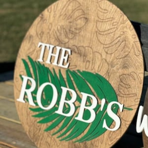 Tropical Custom Last Name Sign Personalized Welcome Sign Monstera Leaf Porch Decor Round Layered Wood Outdoor Name Sign Tropical Porch Sign