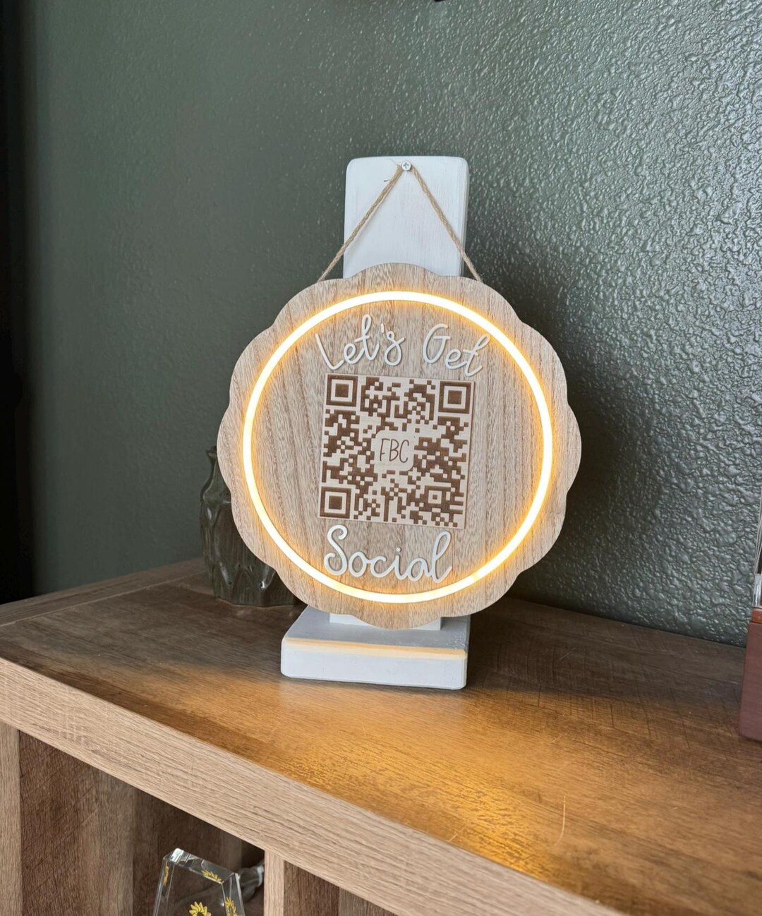 Let's Get Social Lighted QR Code Sign LED Wood Acrylic Scalloped