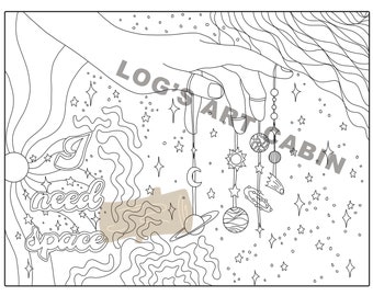 May include: Line art illustration featuring a hand holding a string of celestial objects, including planets, stars, and a crescent moon. The phrase "I need space" is written in a stylized font. The image has a cosmic theme.