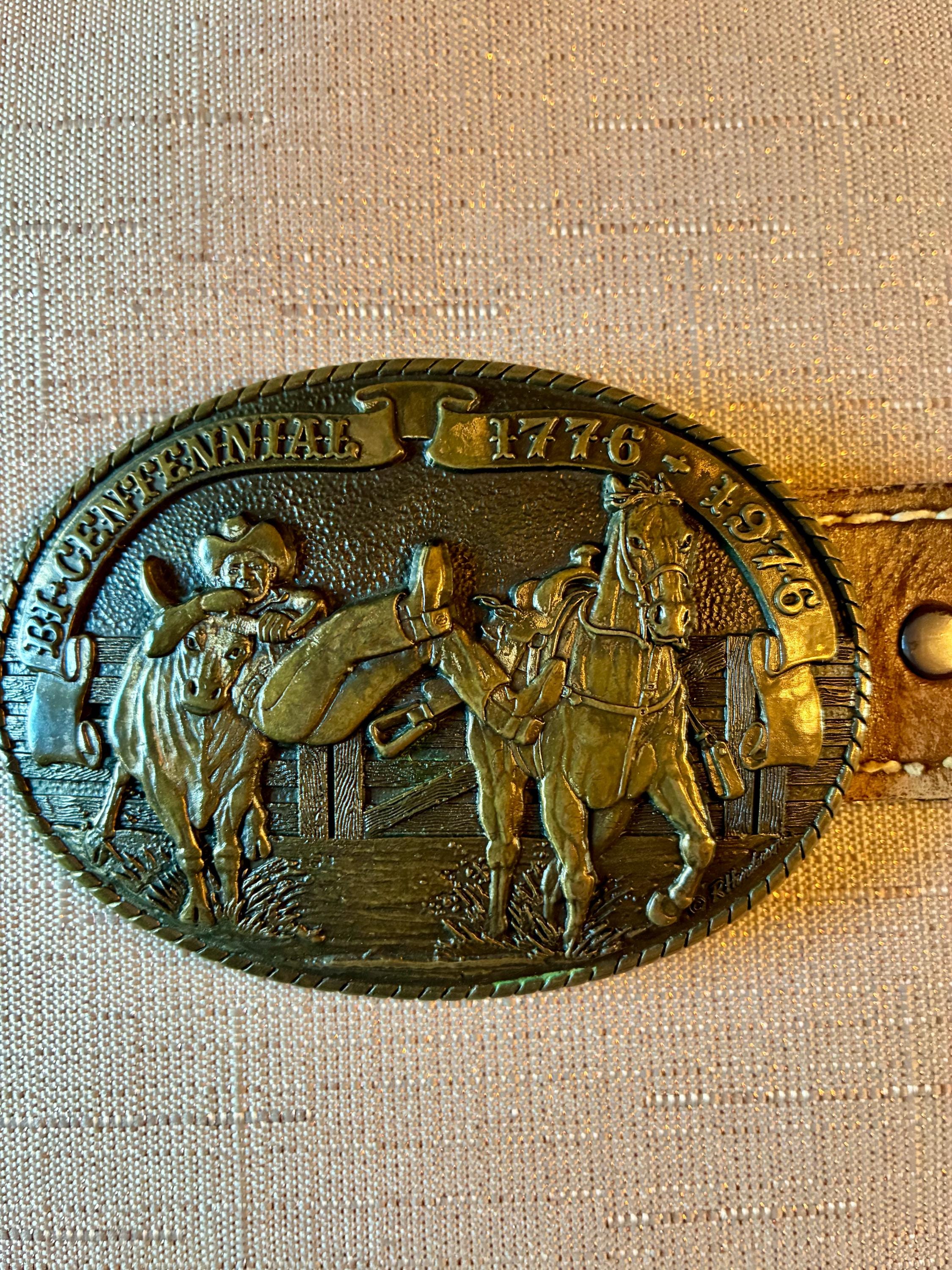 1976 Tony Lama Leather Oval Belt Buckle Embroidered Eagle Patriotic Signed Tony Lama Buckles - Etsy main image 2