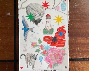 May include: A watercolor painting featuring a variety of whimsical elements, including a bird, a lighthouse, a cat, a rose, a star, a ribbon, dice, and an hourglass. The painting is done in a colorful style with a white background.