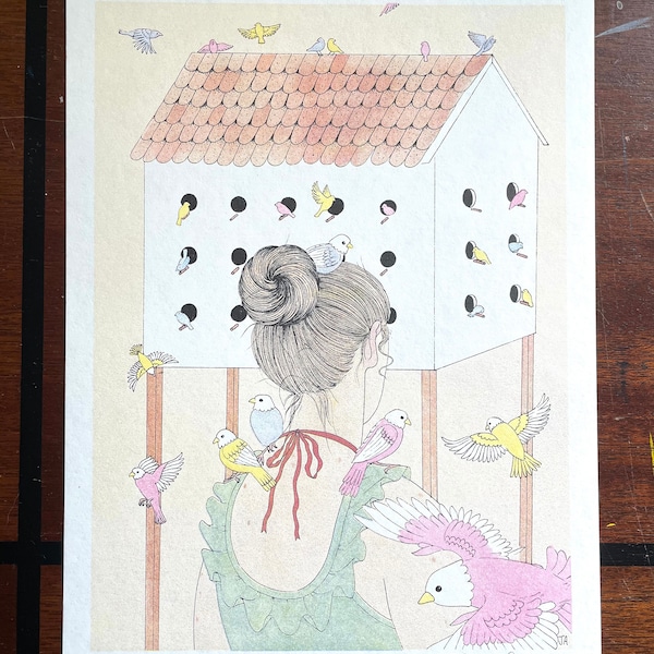 Risograph Print Birdhouse 8.5 x 11 inches