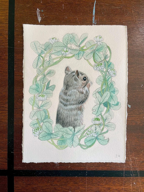 Original Art- "Squirrel in Clover" Gouache Painting