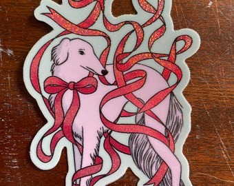 Borzoi Dog Sticker with Holographic Glitter Ribbon