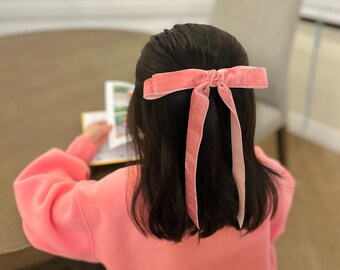 Pink Velvet Long Tail Bow Clip for Girls, Handmade Large Hair Bow, Toddler Hair Accessory