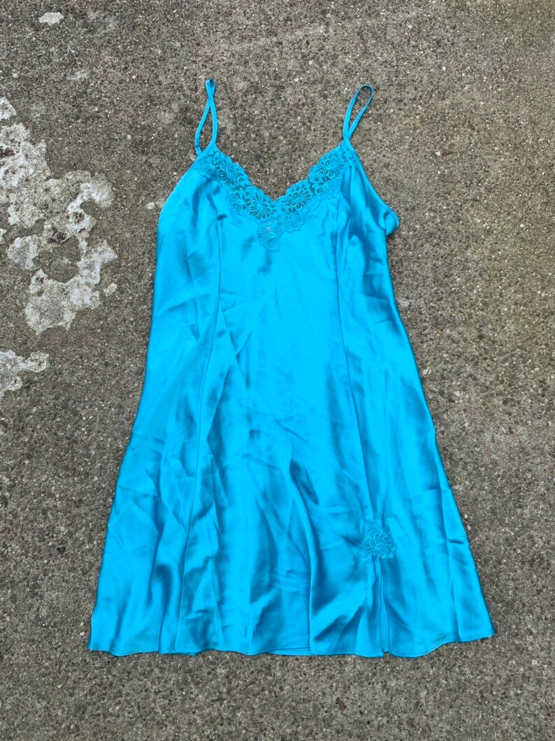 Vintage Baby Blue Satin Lingerie Slip Dress Medium