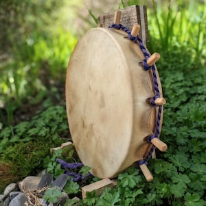 May include: A round, light brown drum with a natural hide surface. The drum is secured with a purple rope and wooden pegs. The drum is propped up on a wooden stand, surrounded by green foliage.