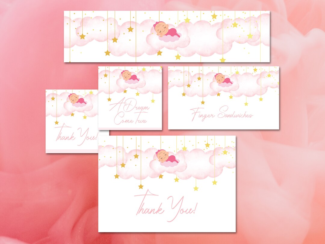 Custom Baby Shower Cards, Girl Baby Shower Decor Printable, Pink Clouds Dream Come True Baby