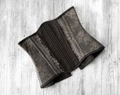 Underbust thick lingerie corset, brown dark chocolate cotton with grey-beige lace on hips, steel boning