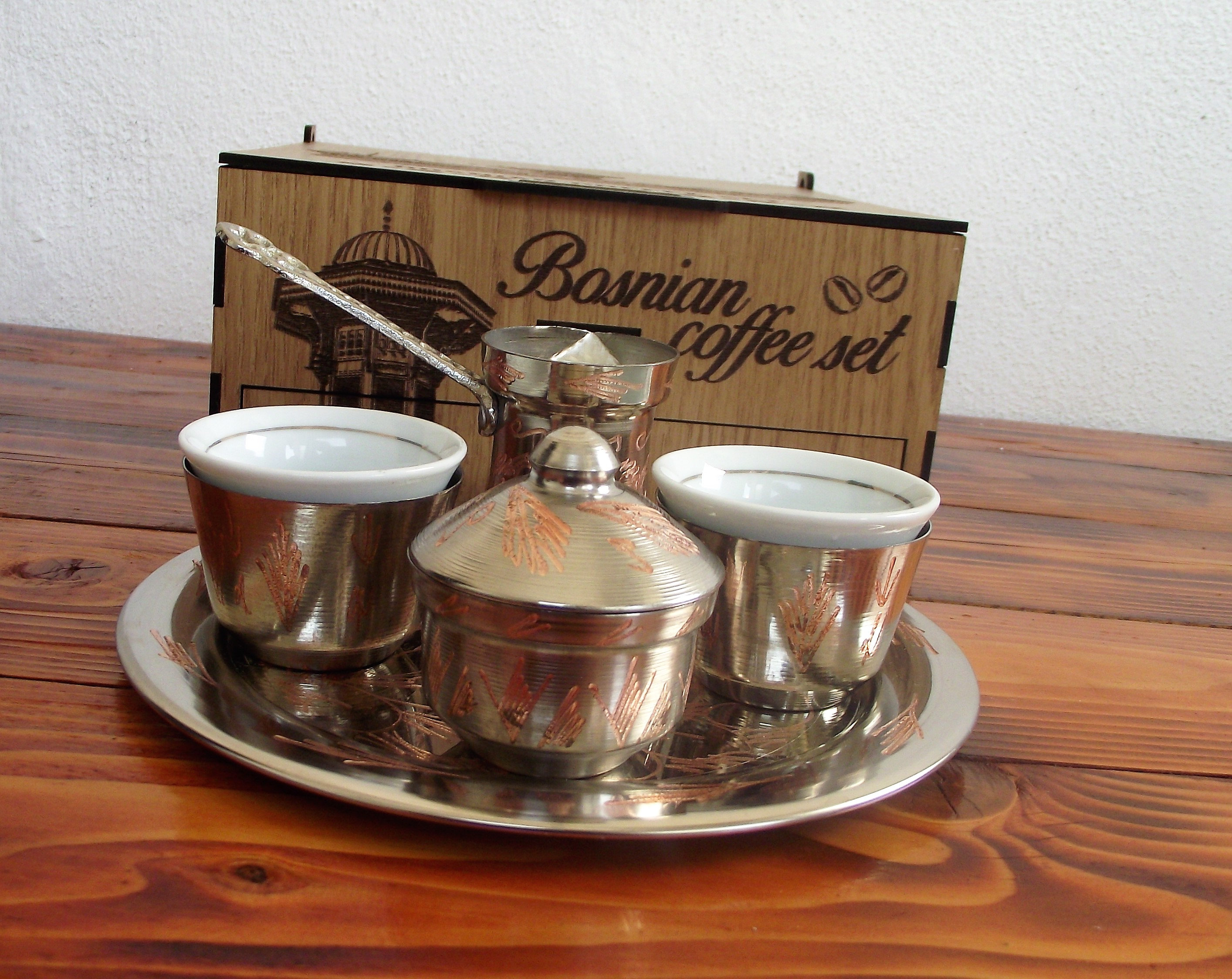 Beautiful Hand Made Authentic Copper Bosnian Coffee Set with wooden box 