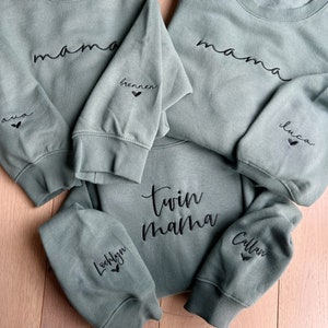 Sage Embroidered Mama Sweatshirt: Custom Name Sleeve, Dada, Mommy