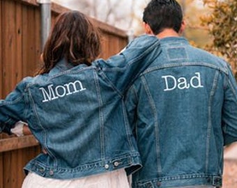 Mom Dad Embroidered Denim Jean Jacket Family Matching Jackets Pregnancy Announcement Mama Dada Daddy Mommy Jackets Baby Shower Gift Etsy