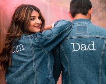 Mom Dad Embroidered Denim Jean Jacket Family Matching Jackets Pregnancy Announcement Mama Dada Daddy Mommy Jackets Baby Shower Gift Etsy