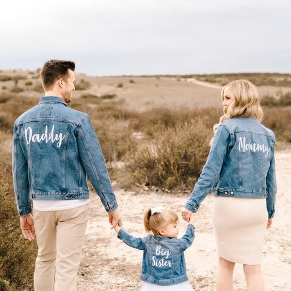 Mom Dad Embroidered Denim Jean Jacket, Family Matching Jackets, Pregnancy Announcement, Mama Dada Daddy Mommy Jackets, Baby Shower Gift