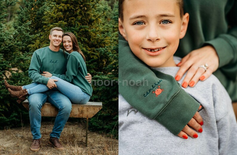 May include: A family of three wearing matching green sweatshirts with embroidered text. The father is wearing a sweatshirt that says "Dad", the mother is wearing a sweatshirt that says "Mom", and the son is wearing a sweatshirt that says "Cameron" with a small crab design. The family is posing in front of a Christmas tree farm.