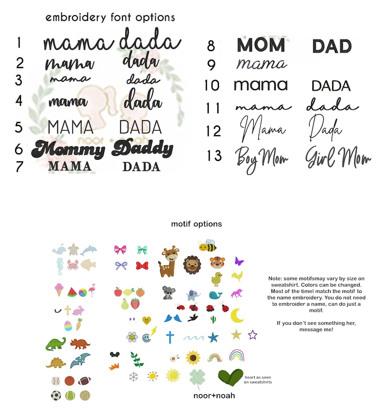 May include: A graphic with embroidery font options for "mama" and "dada" in various styles, including "Mommy" and "Daddy".  There are also motif options for embroidery, including animals, hearts, stars, and more.
