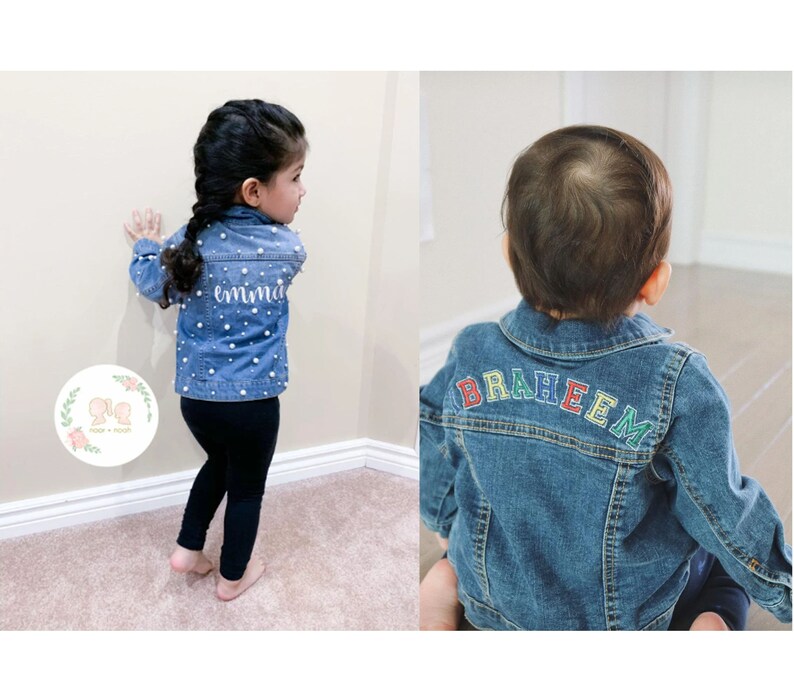 May include: Two children wearing denim jackets with personalized embroidery. The girl's jacket has white pearl embellishments and the name "emmie" embroidered on the back. The boy's jacket has the name "BRAHEEM" embroidered on the back in rainbow colors.