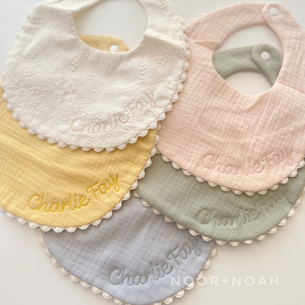 Embroidered baby bib, burp cloth, gauze bib, pompom bib, lace bib, baby swaddle, personalized bib, bib with name, baby accessories