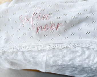 Personalized Knit Baby Blanket: Pointelle Cotton, Newborn Gift