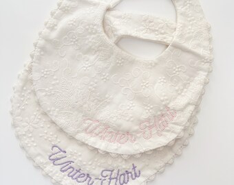 Embroidered baby bib, burp cloth, gauze bib, pompom bib, lace bib, baby swaddle, personalized bib, bib with name, baby accessories