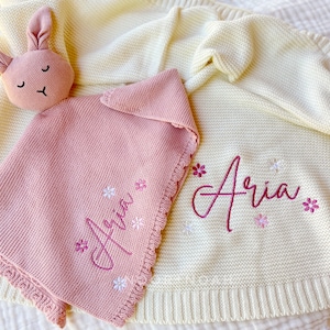Knit Bunny lovey, embroidered baby bunny, knit baby blanket, newborn baby shower gift, security blanket, baptism gift