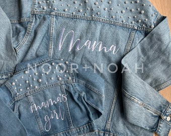 Mama Mini Denim Jacket Set: Custom Embroidered Pearl Embellished