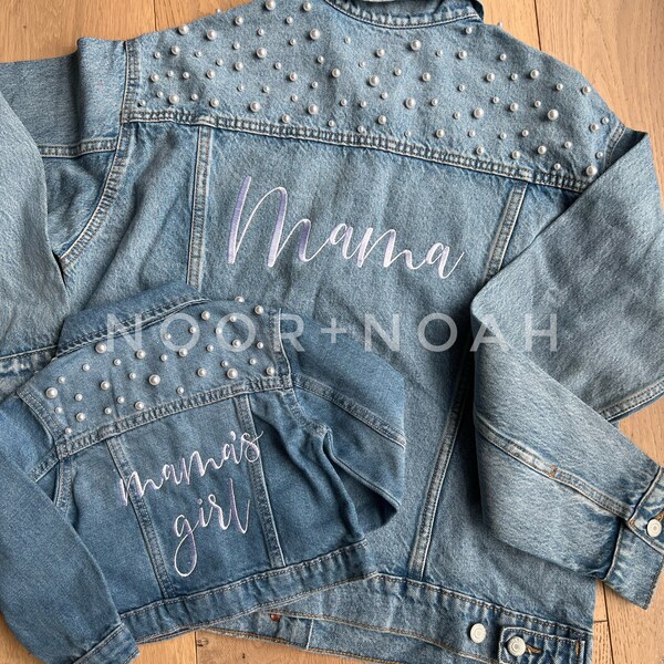 Mama Mini Denim Jean Jacket, Personalized Custom Embroidered Pearls, Pregnancy Announcement, Big Sister, Kids Denim Jacket Pearls, Matching