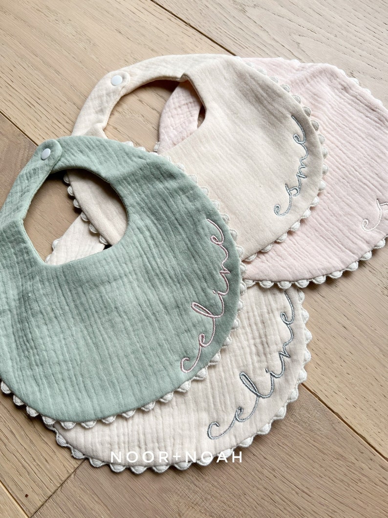 Embroidered baby bib, burp cloth, gauze bib, pompom bib, lace bib, baby swaddle, personalized bib, bib with name, baby accessories image 1