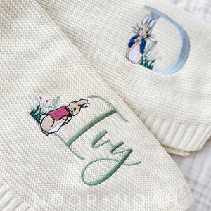 Personalized Knit Baby Blanket, Hospital Newborn Baby Shower Gift, easter blanket, easter basket, peter rabbit nursery, bunny monogram