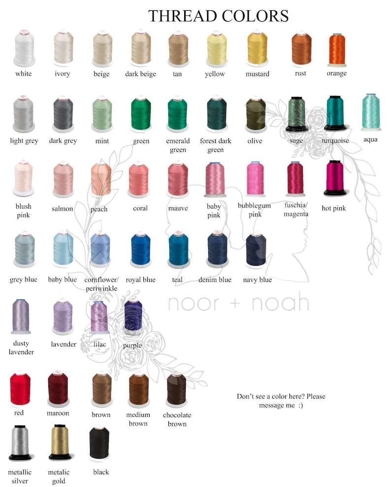 May include: A color chart displaying thread colors, including white, ivory, beige, and various shades of pink, blue, green, and brown. The text "THREAD COLORS" is at the top, with the brand name "noor + noah" at the bottom.