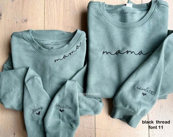 Sage Embroidered Mama Sweatshirt: Personalized Name Sleeve, Collar Detail