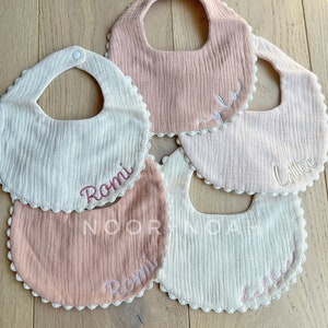 Embroidered baby bib, burp cloth, gauze bib, pompom bib, lace bib, baby swaddle, personalized bib, bib with name, baby accessories image 8