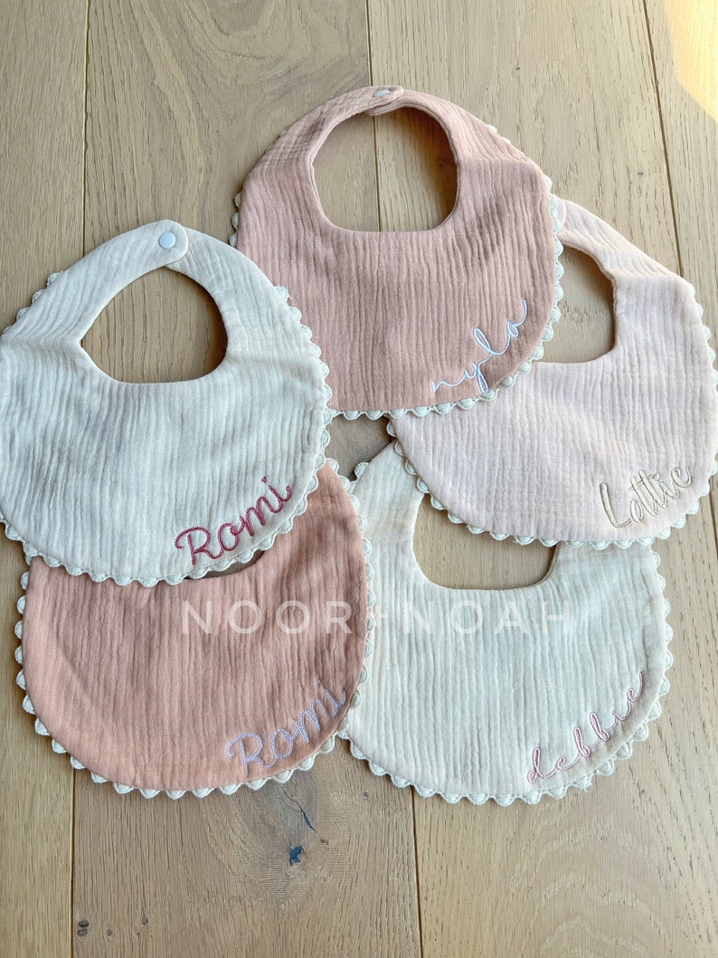 Embroidered baby bib, burp cloth, gauze bib, pompom bib, lace bib, baby swaddle, personalized bib, bib with name, baby accessories image 8