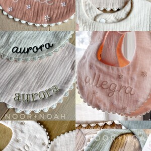 Embroidered baby bib, burp cloth, gauze bib, pompom bib, lace bib, baby swaddle, personalized bib, bib with name, baby accessories image 3