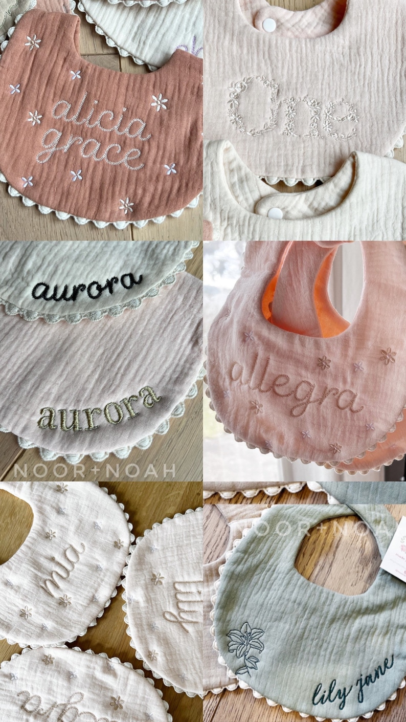 Embroidered baby bib, burp cloth, gauze bib, pompom bib, lace bib, baby swaddle, personalized bib, bib with name, baby accessories image 3