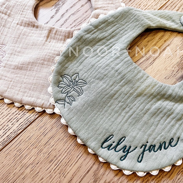 Embroidered baby bib, burp cloth, gauze bib, pompom bib, lace bib, baby swaddle, personalized bib, bib with name, baby accessories